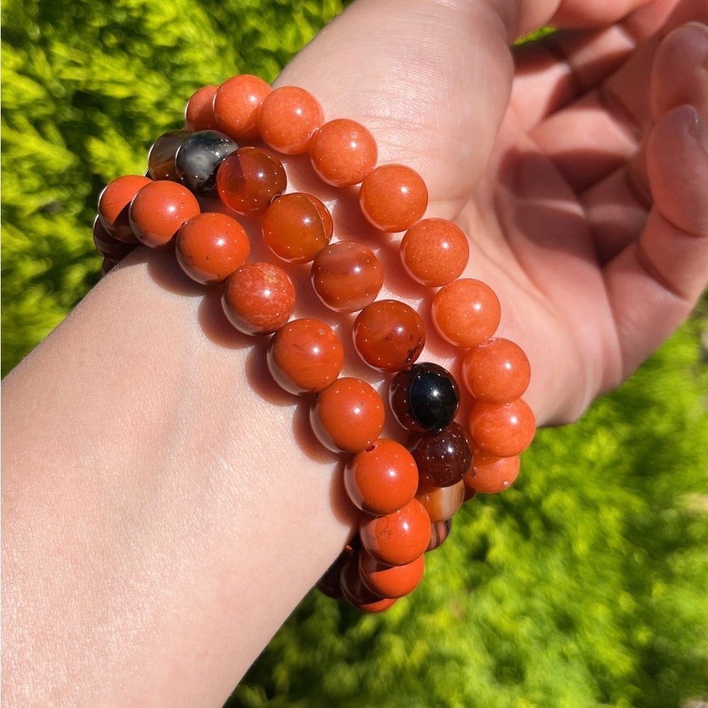 10mm stretchable‎ red jasper, coffee agate, orange aventurine bracelet set